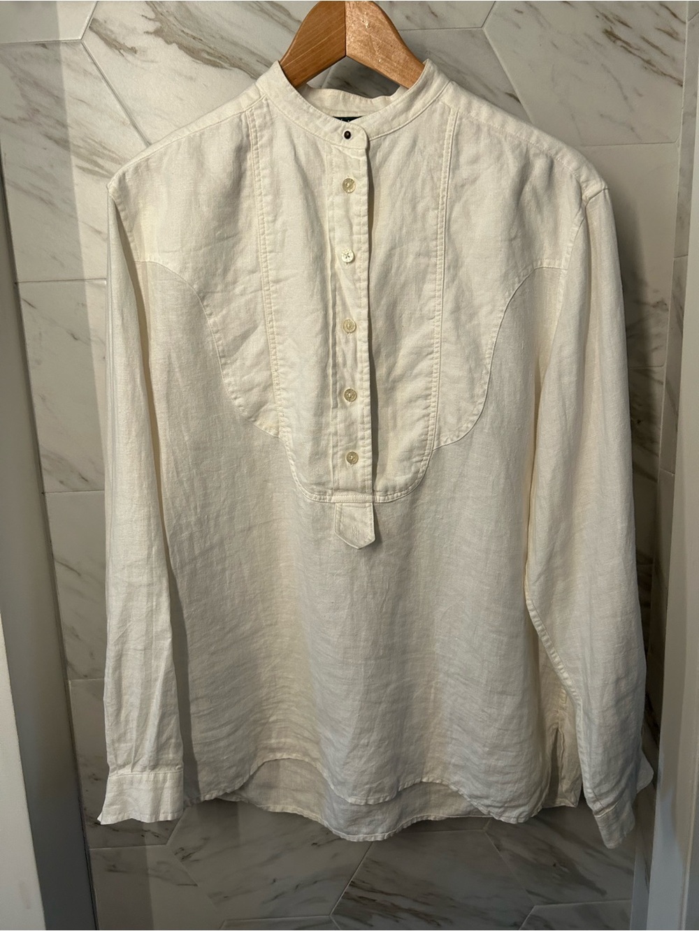 Lauren by Ralph Lauren White Linen Henley Shirt - Classic Stand Collar